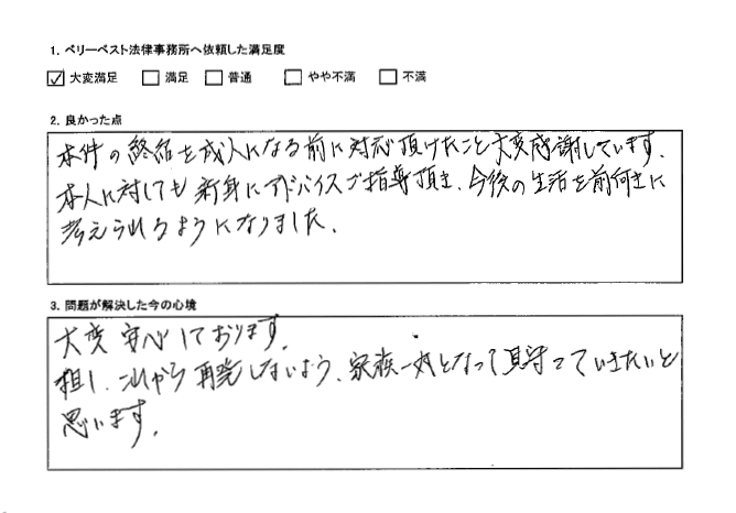 親身にアドバイスご指導頂き、今後の生活を前向きに考えられるようになった。